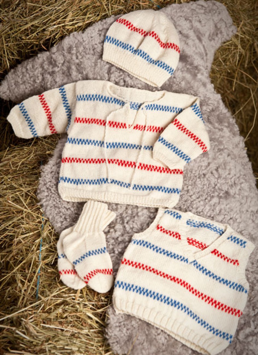 Bild på Tröja, slipover, mössa och sockor i pippimönster i Baby Merino